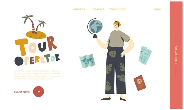 Plantilla de landing page de servicio itinerante. Carácter femenino del operador turístico, agente de la agencia de viajes Holding Globe en las manos — Vector de stock