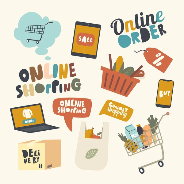 Conjunto de ícones de compras on-line tema. Laptop com botão de ordem, Cesta com produtos de mercearia, Carrinho de loja com mercadorias —  Vetores de Stock