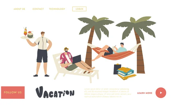 Freelancers on Vacation Landing Page Template Самці носять літній одяг під пальмами на тропічному острові — стоковий вектор