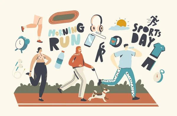 Happy Characters Run at Morning. Hommes ou femmes dans le sport Vêtements et baskets Courir dans le parc. Activité sportive d'été en plein air — Image vectorielle