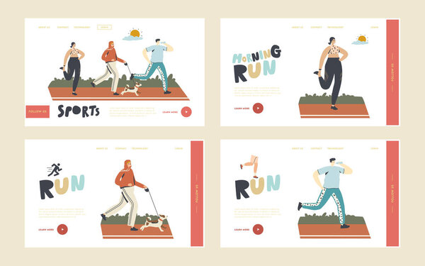 Летние занятия спортом на свежем воздухе, бег здоровым образом жизни. Персонажи бегают утром в парке