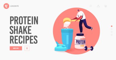 Vücut geliştirme Gıda İniş Sayfası Şablonu. Titreşim ve Zindelikte Kokteyl Yaparken Küçük Erkek Karakteri Protein Tozu Dök