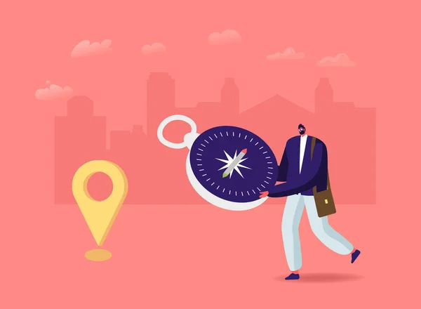 Tiny Male Character with Huge Compass Orienteering. Man Searching Correct Way in Foreign City or Tourist Route — Stock Vector