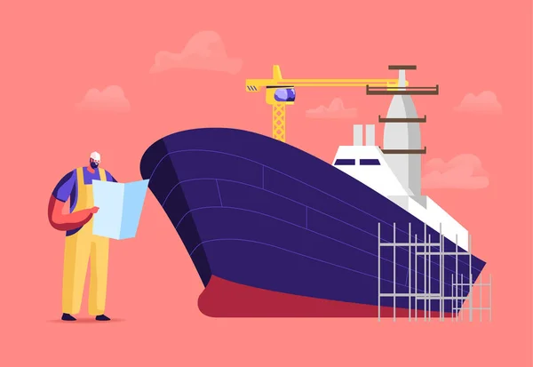 Hajógyártás és -gyártás, hajóépítés. A hajó összeszerelésére szolgáló mérnök-férfi karakterolvasási rendszer — Stock Vector