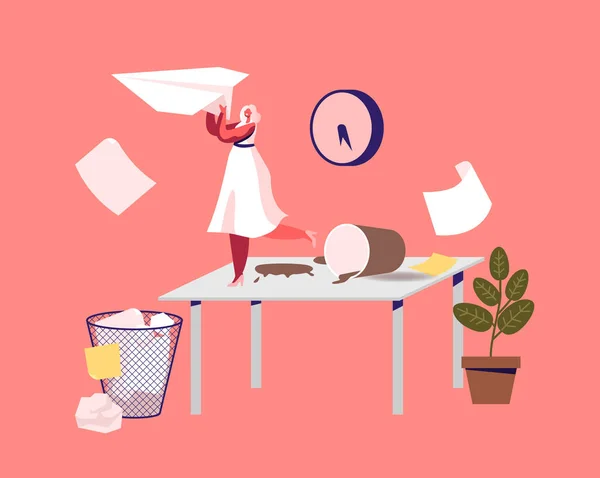 Tiny Businesswoman Character on Messy Workplace. Neorganizovaný úřad s líným a nemotivovaným pracovníkem u stolu — Stockový vektor
