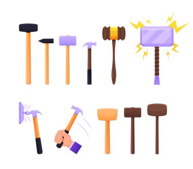 Set of Instruments Sledge Hammer, Wooden and Metal Thor Mallet. Working Tools of Carpenter, Builder Handles Steel Base clipart