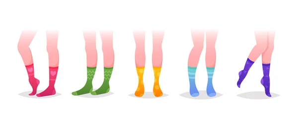 Ensemble de jambes en chaussettes, variété de coton féminin tendance coloré chaussettes longues design. Collection moderne pour occasion spéciale — Image vectorielle