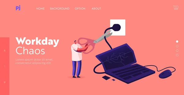 Людина з Smashed Gadget Landing Page Template. Tiny Male Character Cutting Wire of Huge Laptop with Broken Screen — стоковий вектор