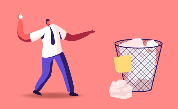Крошечный Бизнесмен Мужской персонаж бросает мятый бумажный мяч в огромный мусорный бак. Офисный работник, стресс-менеджер — стоковый вектор