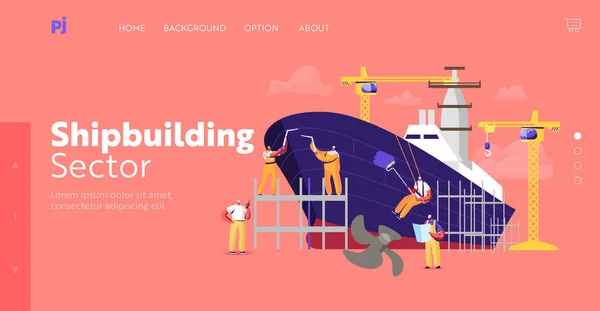 Shipbuilding Landing Page Template. Engineers Male Characters Assembling Vessel on Scaffold in Dock, Ship Building — Stock Vector