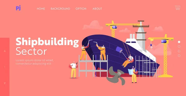 Scheepsbouw Landing Page Template. Ingenieurs Man Karakters Monteren van het schip op steiger in Dock, Scheepsbouw — Stockvector