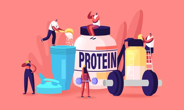 Små karaktärer Dricka Protein cocktails från Shaker. Sportiv kost, hälsosam livsstil. Människor pumpa muskler — Stock vektor