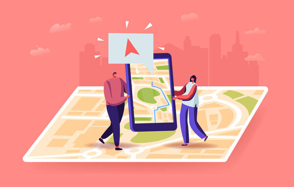 Персонажи, использующие концепцию географического позиционирования. Крошечный мужчина и женщина со смартфоном на огромной карте