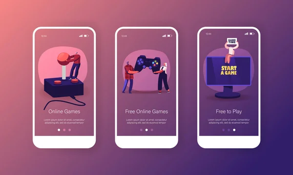 Online TV-spel Mobile App Page Onboard Screen Mall. Små manliga och kvinnliga karaktärer med stora Gamepad — Stock vektor