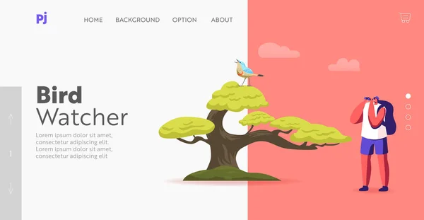 Modello di Landing Page per il birdwatching. Ornitologo Birdwatcher personaggio maschile con binocolo Watching Bird on Tree — Vettoriale Stock