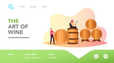 Şarap İçme Şablonu Vineyard, Şaraphane, Şarap Yapımı Şablonu. Tiny Man and Woman Karakterleri Kasada