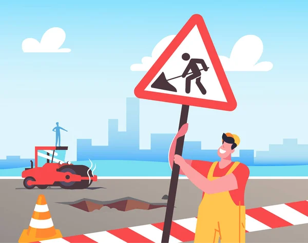Straßenbau- und Asphaltierungskonzept. Arbeiter in orangefarbenem Overall stellen Warnschild und Verkehrskegel auf — Stockvektor