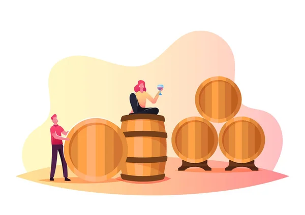 Tiny Man and Woman χαρακτήρες στο Vault, Man Roll τεράστια ξύλινα βαρέλια. Κορίτσι Hold Wineglass πίνοντας κόκκινο κρασί στο οινοποιείο — Διανυσματικό Αρχείο
