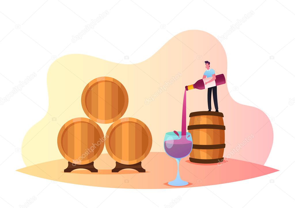 Tiny Male Character Stand on Huge Barrel Pouring Wine in Glass. Tasting Wine at Vault, Winemaking Batonnage, Maceration