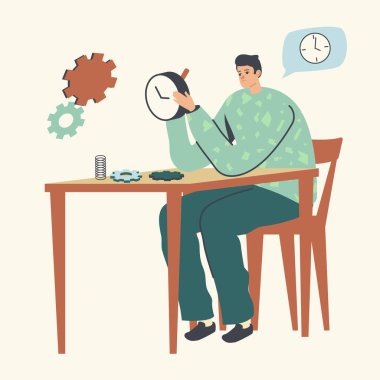 Saatçi Karakteri Mekanik Saatleri veya Çalar Saati Tamir Ediyor. Saat Servisi, Bakım Konsepti. Master Work