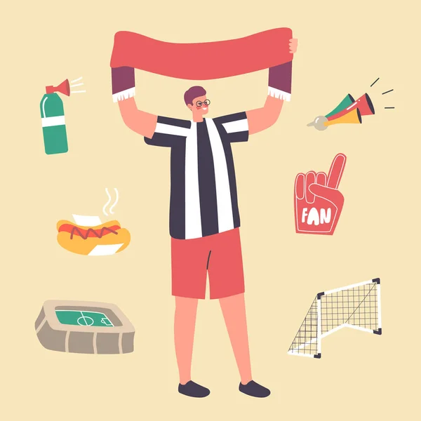 Футбольный болельщик мужского пола в униформе с флагом или знаменем для футбольной команды на стадионе. Человек, наблюдающий за игрушками — стоковый вектор