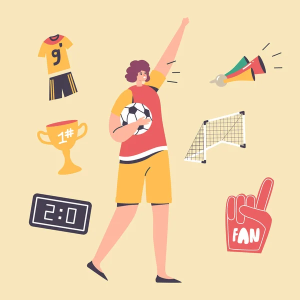 Chica fan del fútbol feliz en uniforme animando por la victoria y el éxito del equipo. Personaje femenino con ánimo de pelota de fútbol — Vector de stock