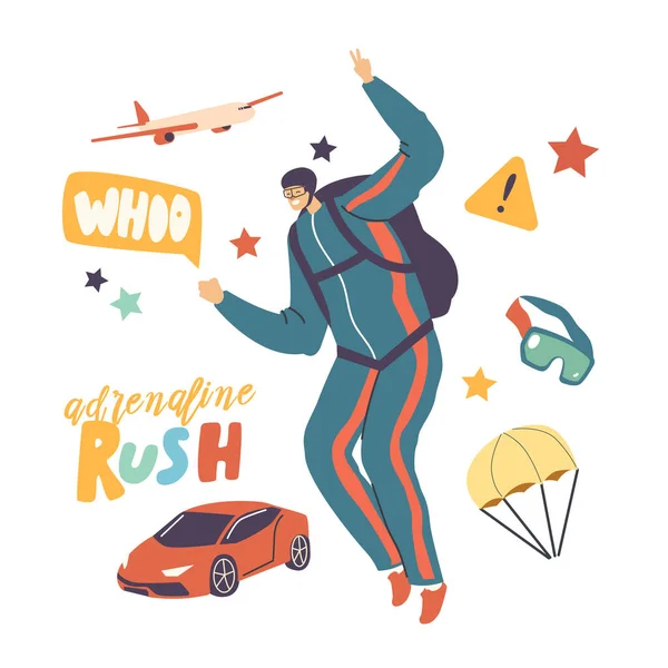Gökyüzünde paraşütle atlayan erkek karakter paraşütle atlıyor. Paraşütle atlama sporu. Paraşütçü Sinek, Adrenalin — Stok Vektör
