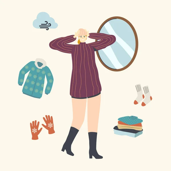 时尚保暖服装中的女性角色在镜子前试穿针织帽衫，用于户外行走。手工编织的东西 — 图库矢量图片