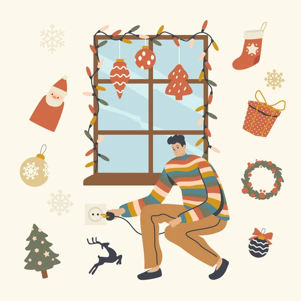 Man dekorowanie okna z Christmas Decor Włącz girlandę, wiszące kulki, skarpety i gałęzie drzew, Boże Narodzenie sezon — Wektor stockowy