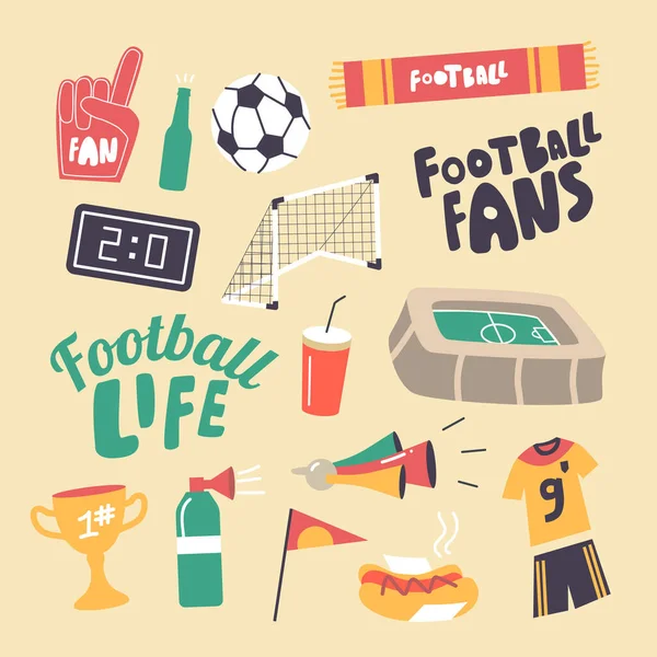 Set van Icons Football Fans Attribution Theme. Voetbal, Gates and Stadium, Winnaar Cup, Sportman Uniform, Soda Drink — Stockvector