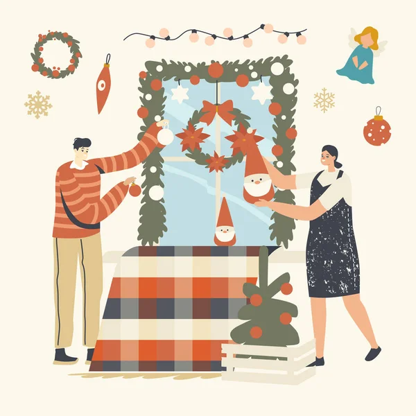 Ευτυχισμένος αρσενικός ή θηλυκός χαρακτήρας προετοιμάζονται για το νέο έτος και τις χειμερινές διακοπές περιόδου των Χριστουγέννων εορτασμός κρεμώντας τη διακόσμηση των Χριστουγέννων — Διανυσματικό Αρχείο