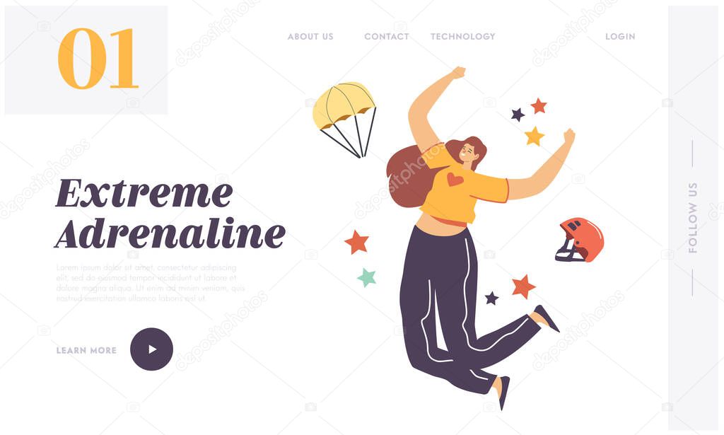 Adrenaline Sport. Parachutist Extreme Landing Page Template. Happy Female Character Jumping with Skydiver Equipment