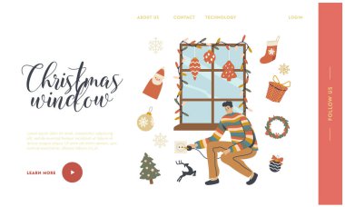 Adam Pencereyi Noel İniş Sayfası Şablonu ile Süslesin. Çelenk, toplar, çorap ve firavun ağacı dalı. Xmas Tatilleri