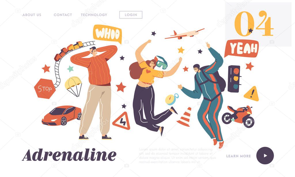 Adrenaline Activity and Sport Recreation Landing Page Template. Characters Extreme Spare Time. Skydiving, Racing on Car