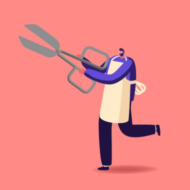 Minik Erkek Karakteri, önlük takıyor, elinde kocaman makas var. Aletli berber ya da saç kesimi için ekipman. Berber Dükkanı