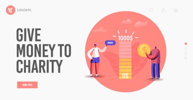 Charity Landing Page Şablonu. Katkı, Küçük Erkek Kadın Karakteri İhtiyacı olanlara Yardım Ediyor, Bağış Yapıyor