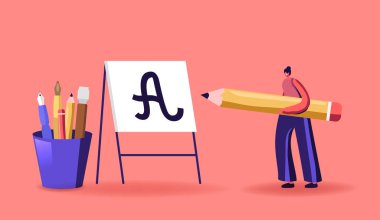 Heceleme Mektup ve Kaligrafi Konsepti 'nde Büyük Kalem Uygulaması Olan Küçük Kadın. Kadın Karakter Yazma Harfleri