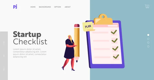 Business Woman Planning, Maak notities in het handboek Landing Page Template. Klein zakenvrouw karakter met enorm potlood — Stockvector