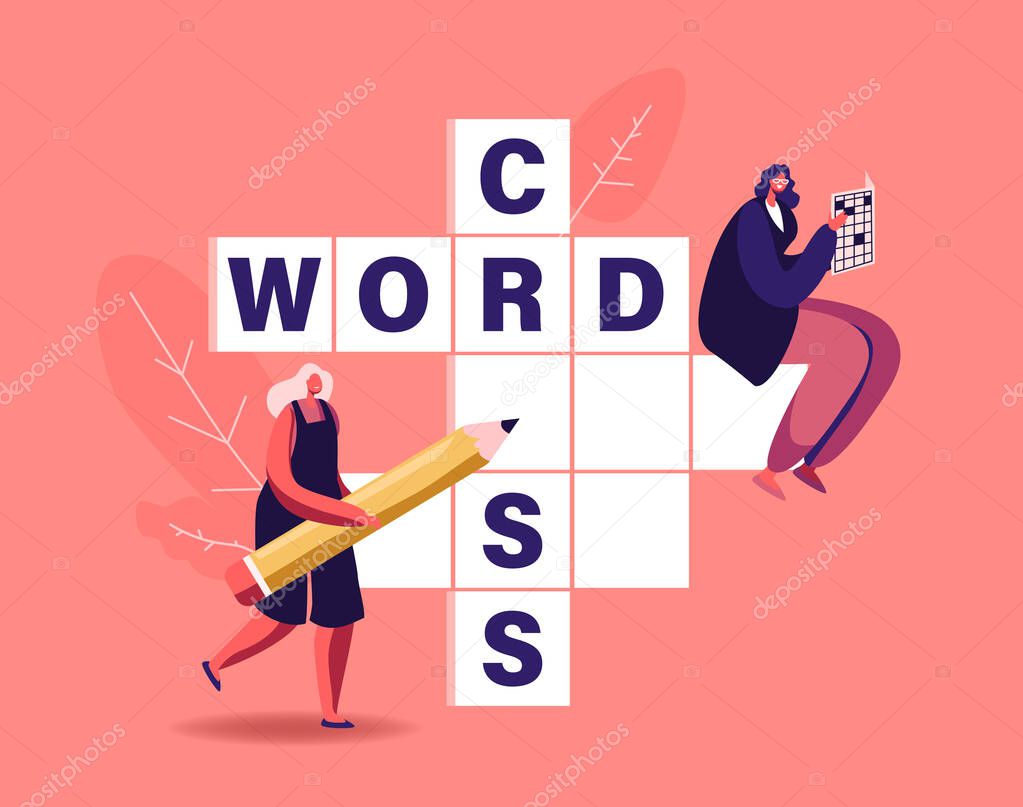 Tiny Female Characters with Pencil Solve Huge Crossword. Logic Game Spare Time Recreation, Brain Training Puzzle Solving
