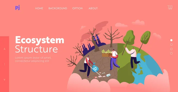 Nature, Environment and Ecology Landing Page Template (em inglês). Personagens Plantio de mudas e árvores no jardim —  Vetores de Stock