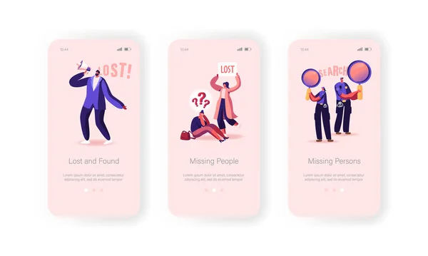 Vermisste Menschen verloren in Crowd Mobile App Page Onboard Screen Template. Weiblicher Charakter geht verloren, Polizeihilfekonzept — Stockvektor
