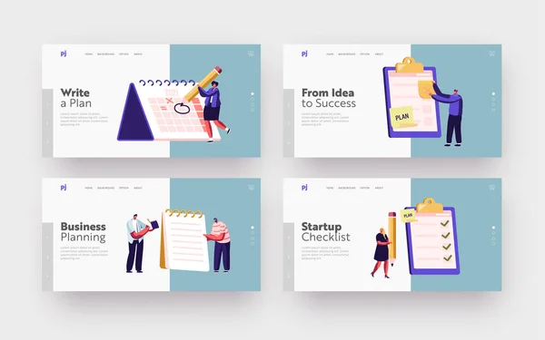 Programação, Planejamento, Escrevendo Plano Landing Page Template Set. Personagens de negócios Fique na área de transferência enorme com lista de verificação — Vetor de Stock