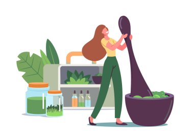 Geleneksel Tıp veya Ayurvedik Tedavi İçin Büyük Havanda Küçük Kadın Bitkileri ve Doğal Malzemeler