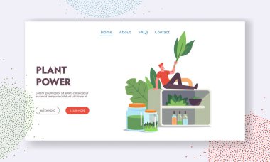 Alternatif Geleneksel Tıp İniş Şablonu. Yaprakları Olan Küçük Erkek Karakteri Şişelerle Büyük Rafta Oturur