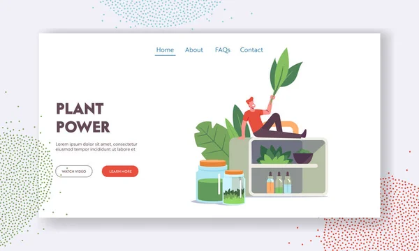 Альтернативна традиційна медицина Landing Page Template. Крихітний чоловічий персонаж з листям сидить на величезному шельфі з Флашами. — стоковий вектор