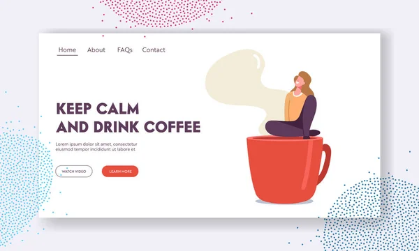 Personaje femenino Descansando en Lugar Recreativo Plantilla de Landing Page. Pequeña mujer relajante en el descanso del café Siéntate en la taza — Archivo Imágenes Vectoriales