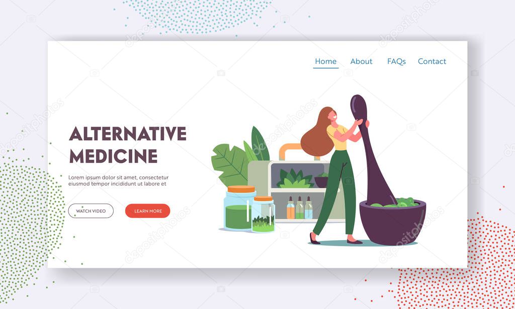 Traditional Medicine Landing Page Template. Tiny Female Character Grind Plants and Natural Ingredients in Huge Mortar
