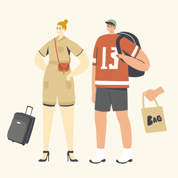 Les gens avec des sacs Concept. Femme avec réticule, homme avec sac à dos. Valise pour voyage de vacances d'été et sac fourre-tout Eco — Image vectorielle