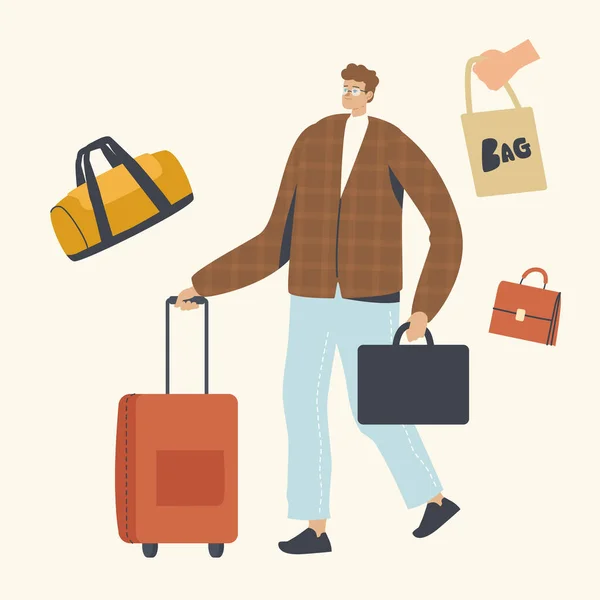 Carácter masculino con maletín y equipaje en las manos. Viaje de negocios o turista ir de vacaciones de verano con equipaje — Vector de stock