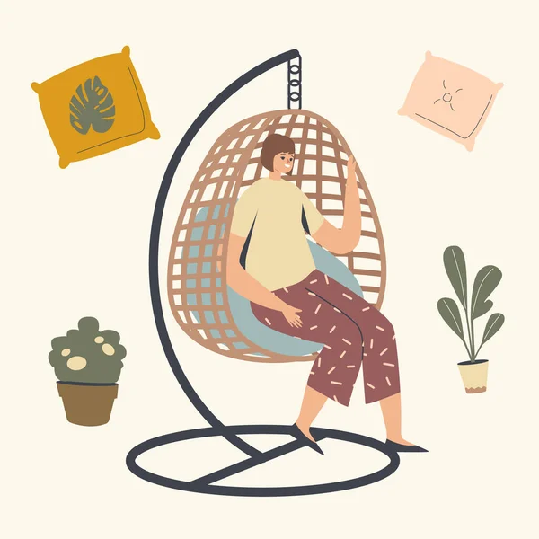 Vrouwelijk karakter Ontspannen in rieten hangstoel. vrouw gebruik moderne inrichting ontwerp gemaakt van natuurlijke materialen voor tuin — Stockvector